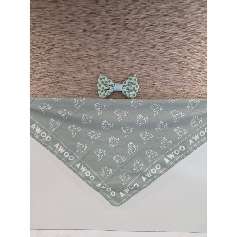 Cottagecore Preppy Dog Bandana and Bow Tie Set AWOO Pet Green Sage Checkered